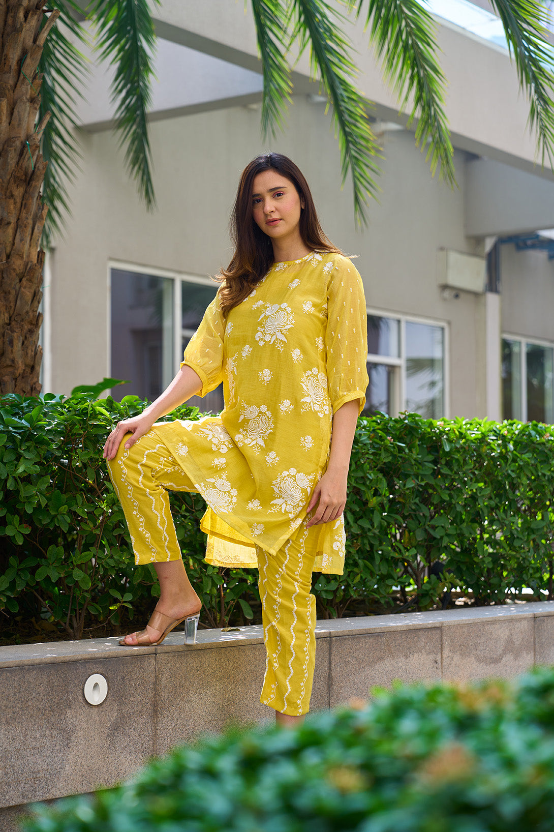 Canary yellow digitally embroidered coord set - JSB design.
