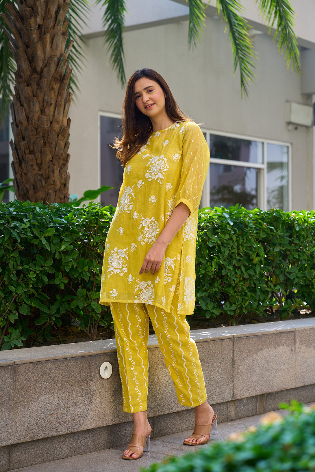 Canary yellow digitally embroidered coord set - JSB design.