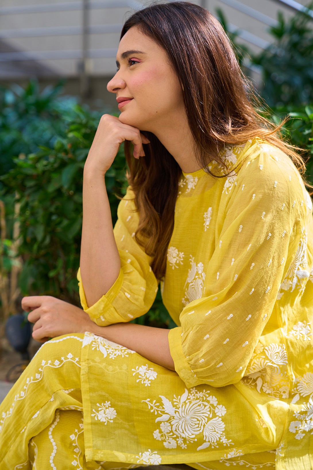 Canary yellow digitally embroidered coord set - JSB design.