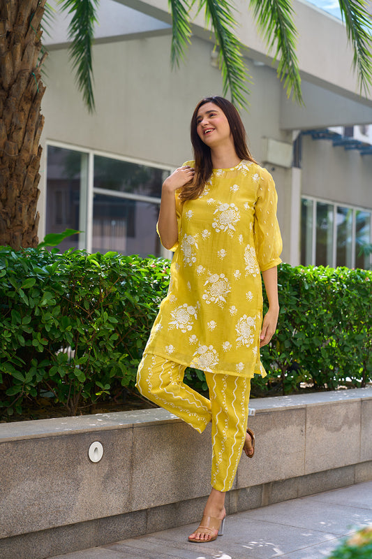 Canary yellow digitally embroidered coord set - JSB design.