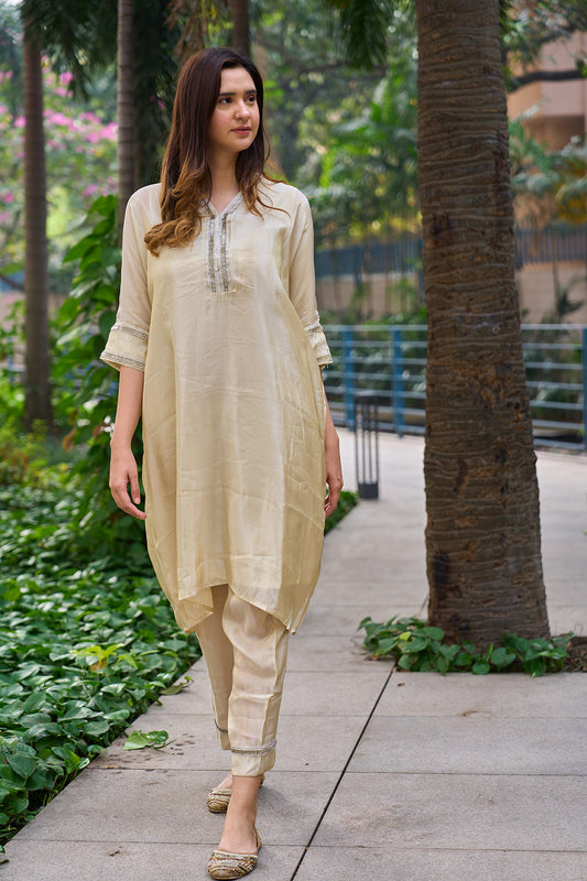 Gold tissue soft silk kurta & pants set with diamante detailing.