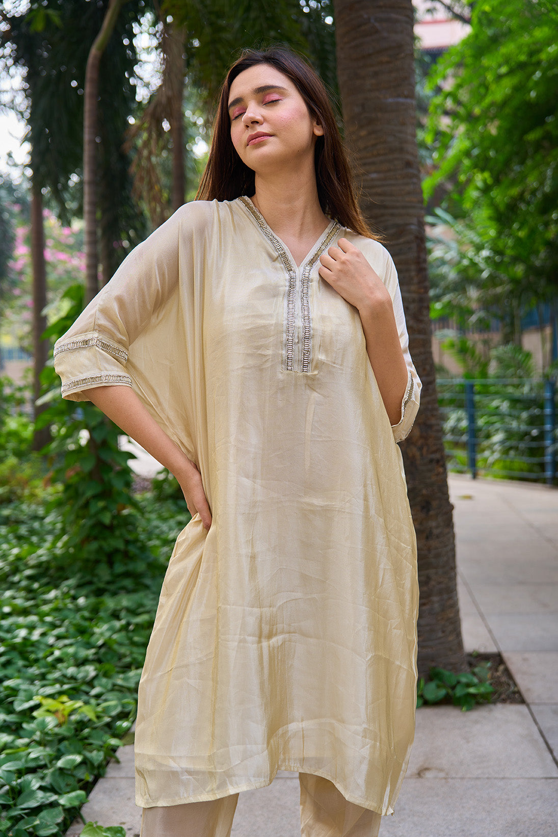 Gold tissue soft silk kurta & pants set with diamante detailing.