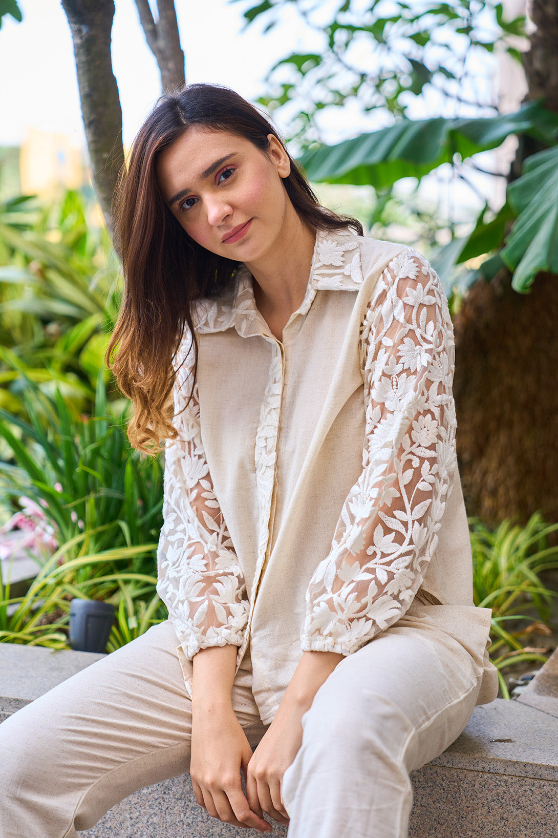 Flax cotton linen with lace embroidered sleeves and detailing shirt & pants coord set.