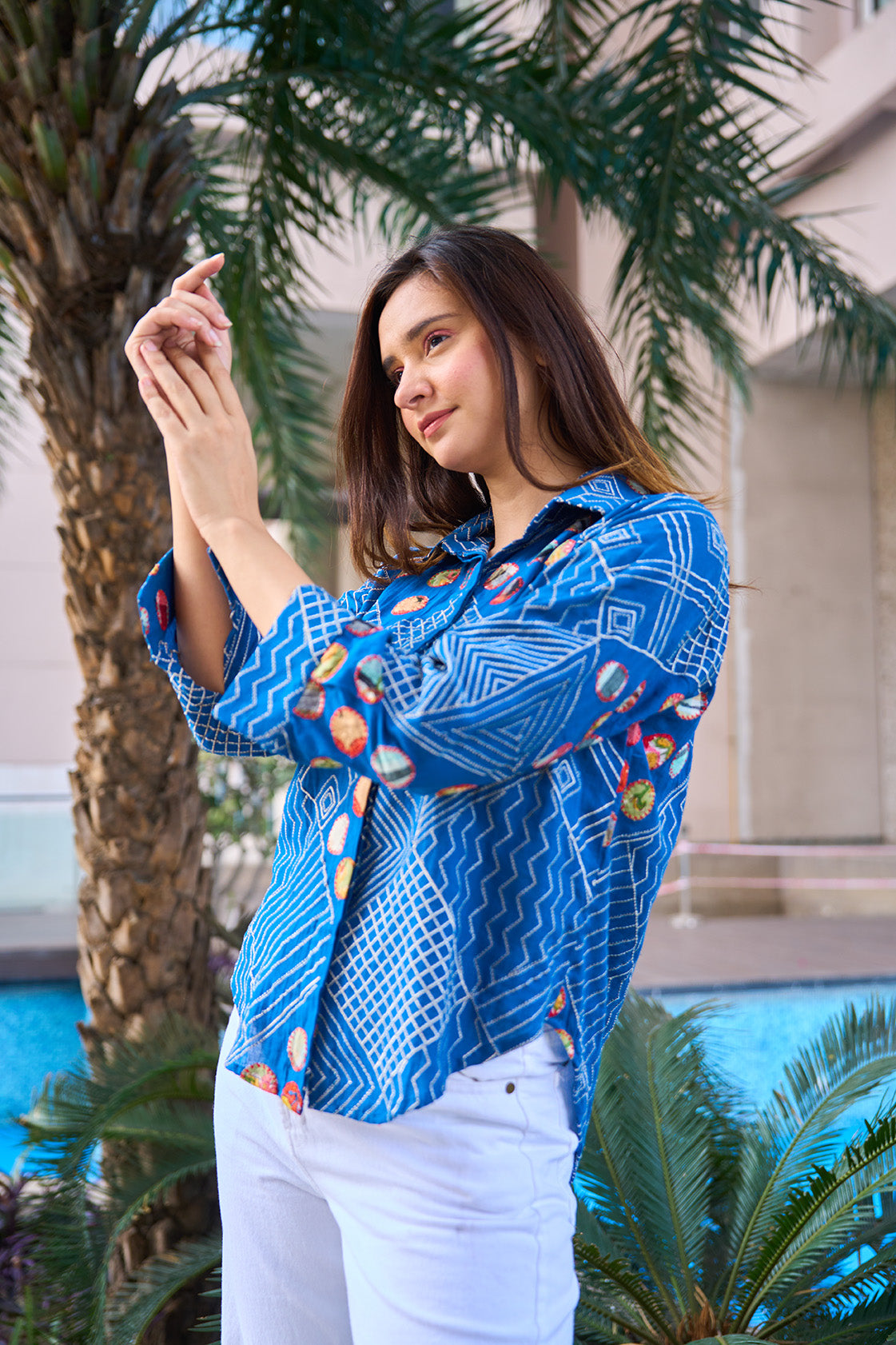 Blue applique and kantha digitally embroidered shirt