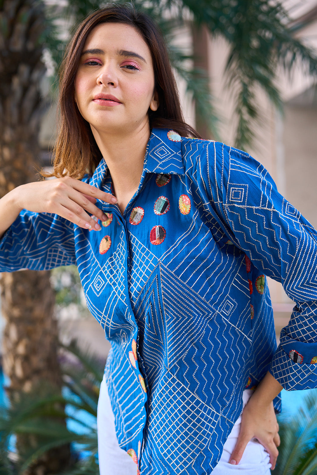 Blue applique and kantha digitally embroidered shirt