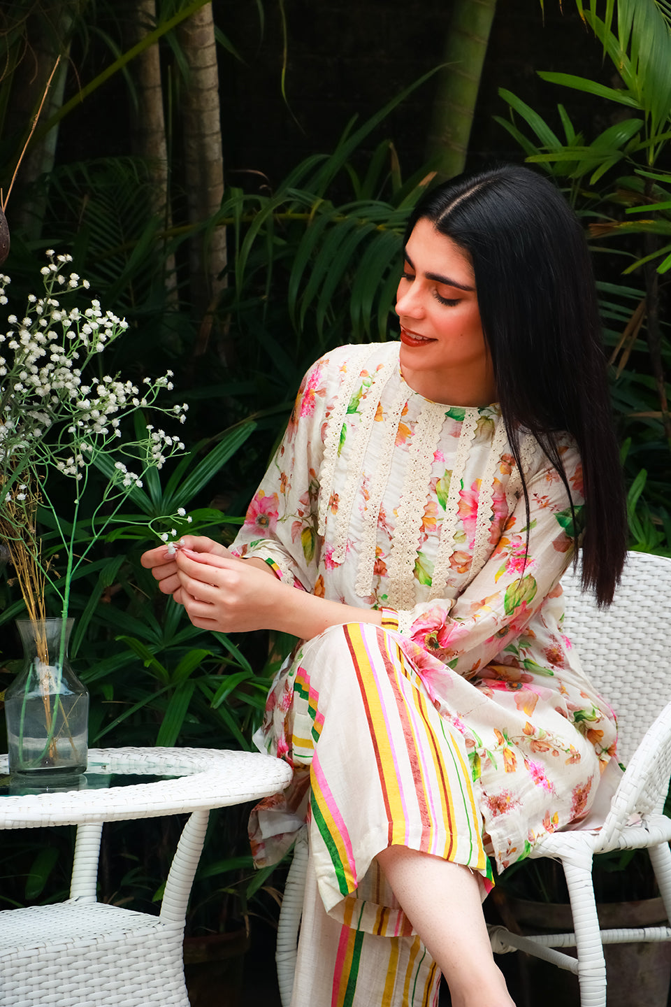 Off white floral muslin tunic with striped muslin pants set.