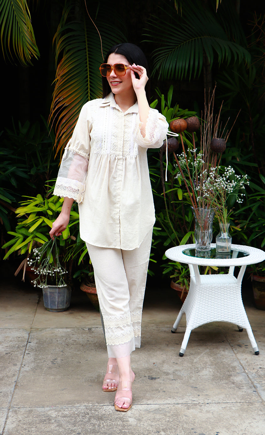 Cotton flax linen with lace yoke coord set.