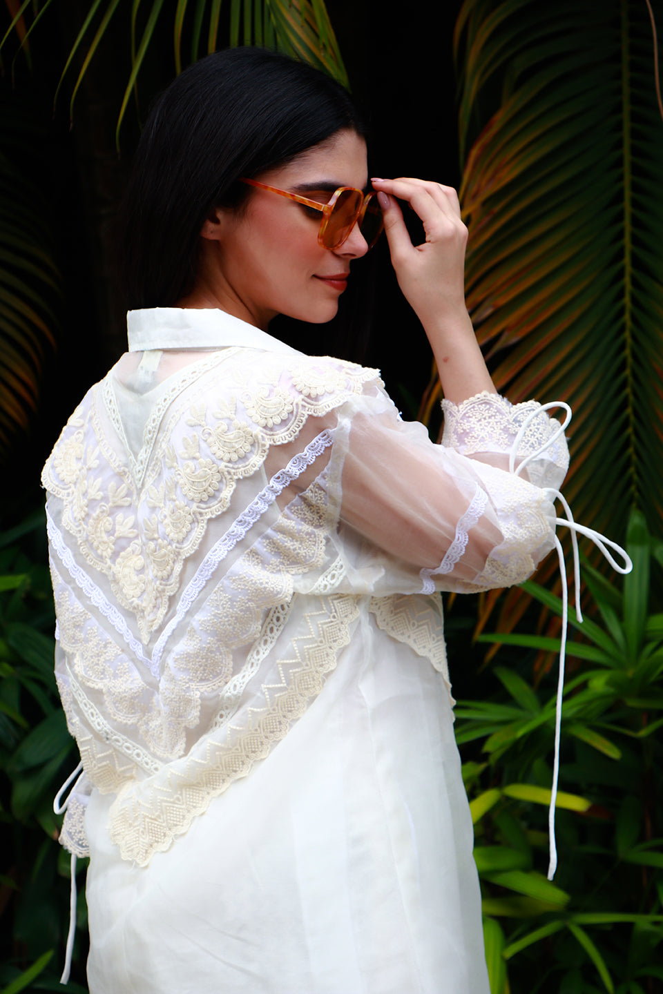 Off white organza & lace tunic with chanderi & lace pants.