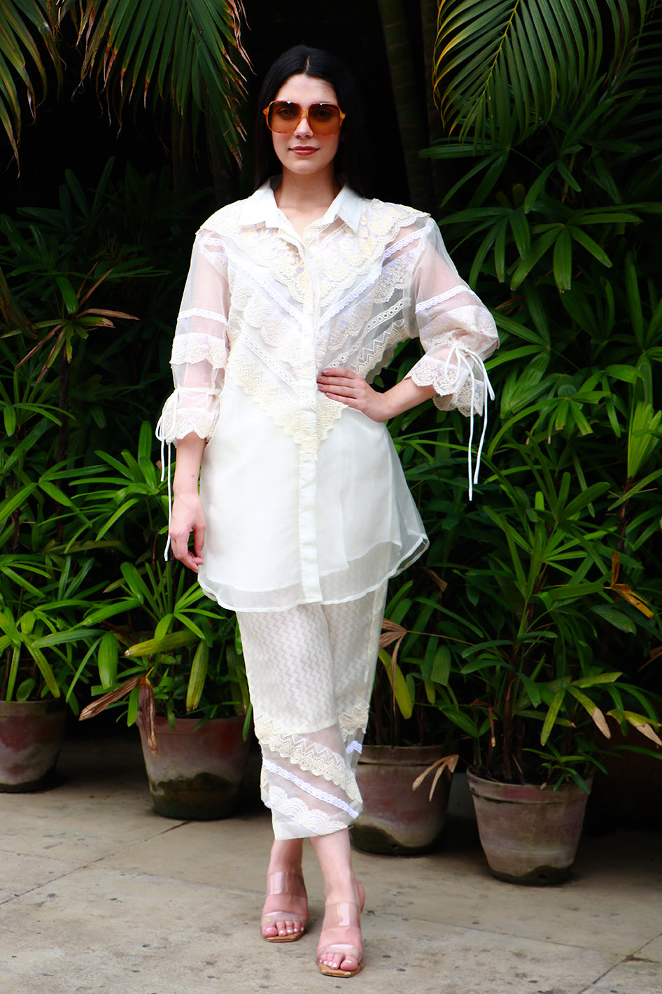 Off white organza & lace tunic with chanderi & lace pants.