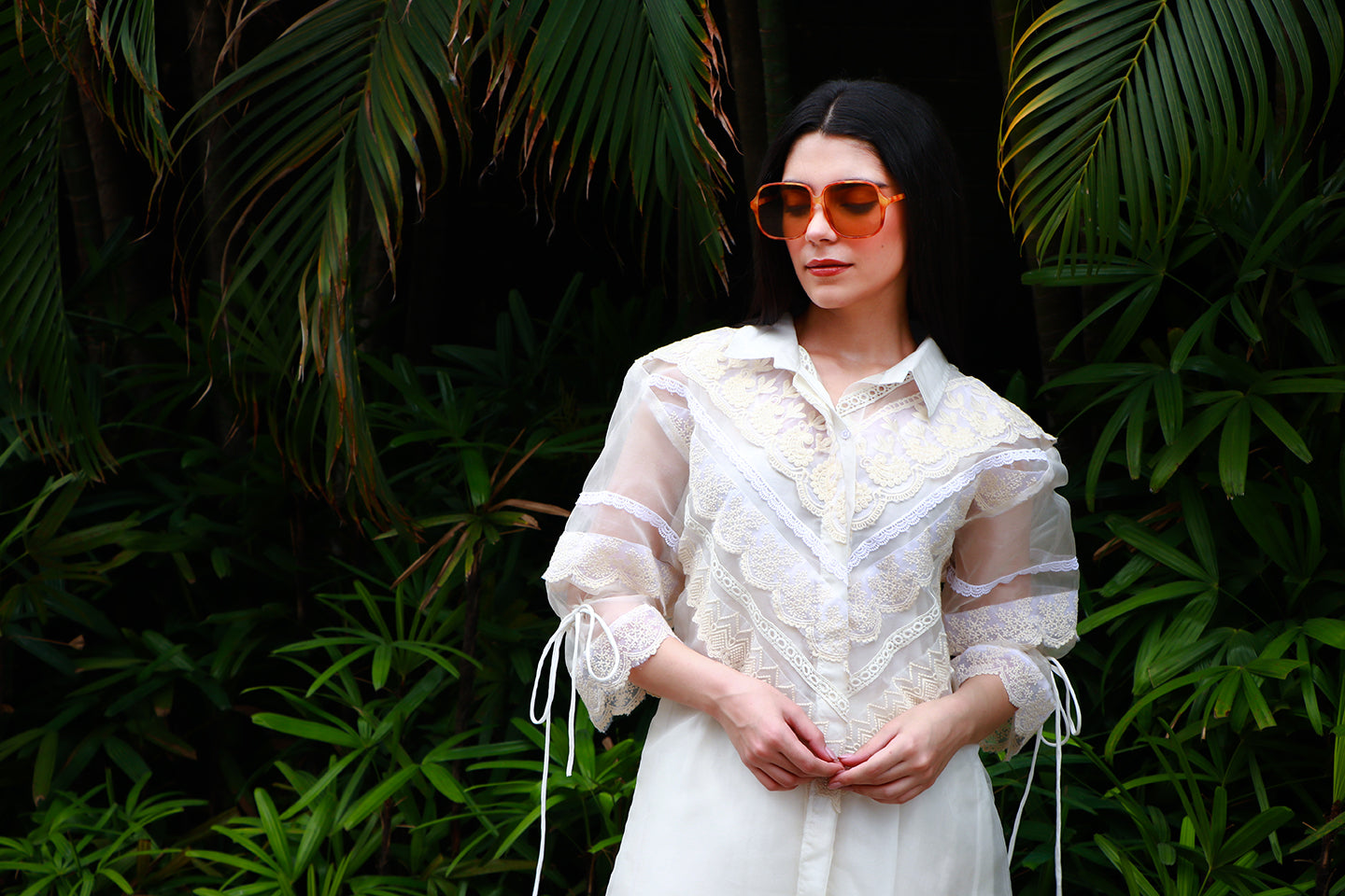 Off white organza & lace tunic with chanderi & lace pants.