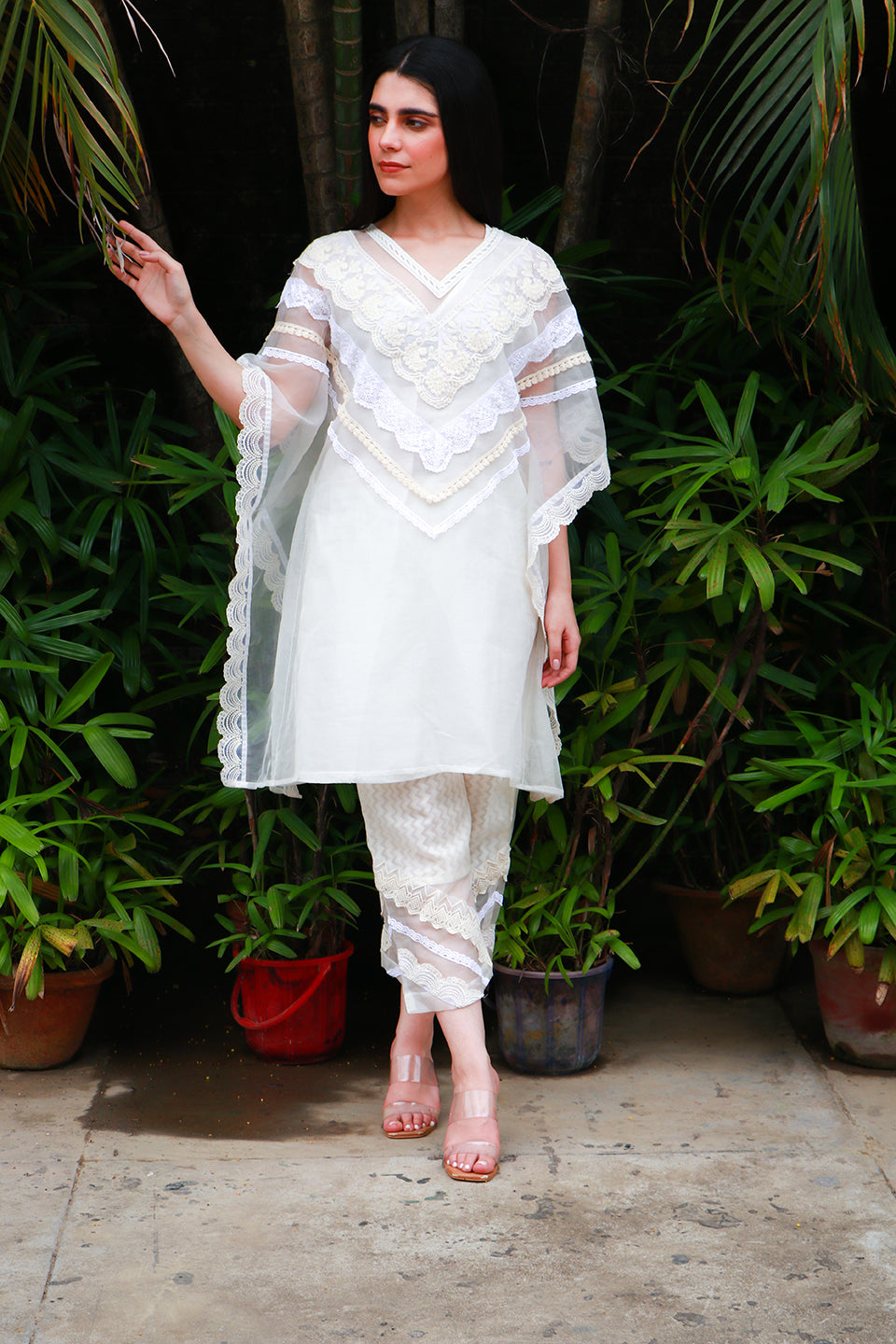 Off white organza kaftan tunic with lace & chanderi pants.