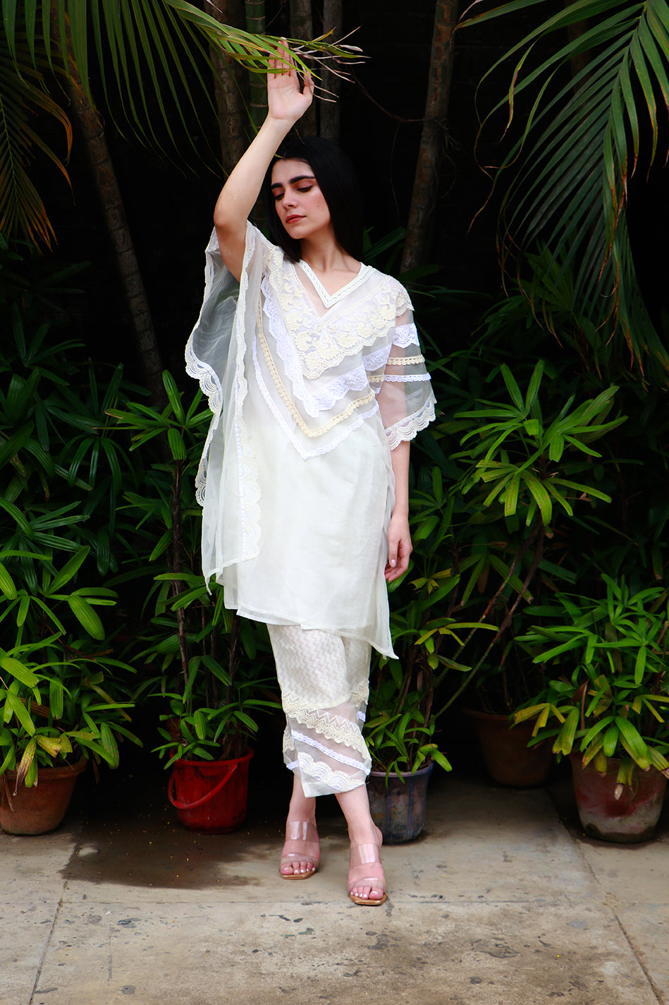 Off white organza kaftan tunic with lace & chanderi pants.