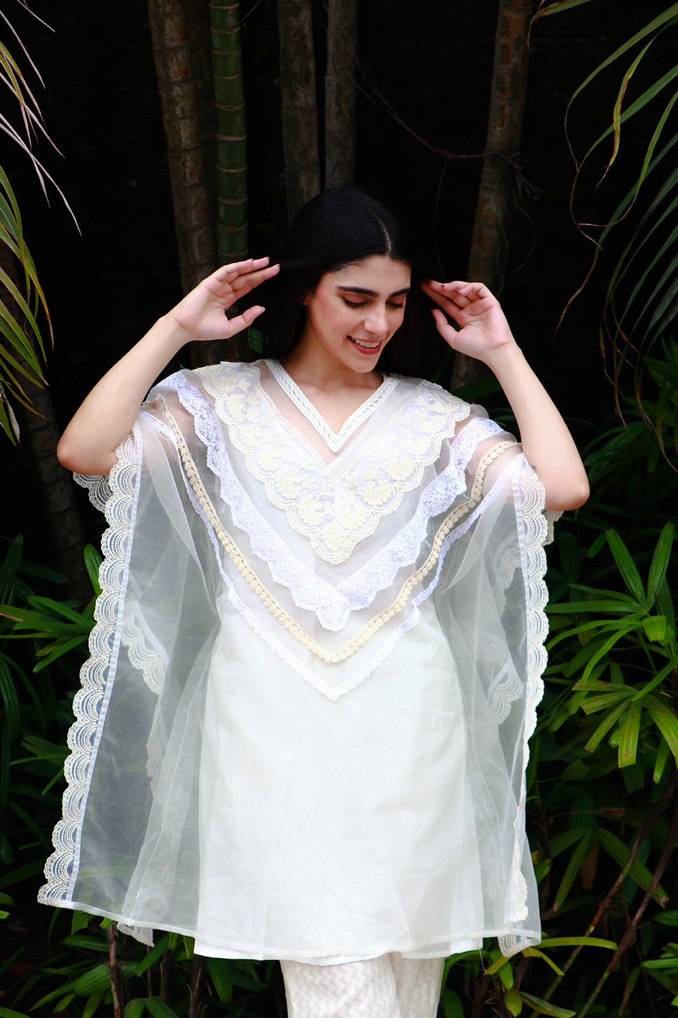 Off white organza kaftan tunic with lace & chanderi pants.