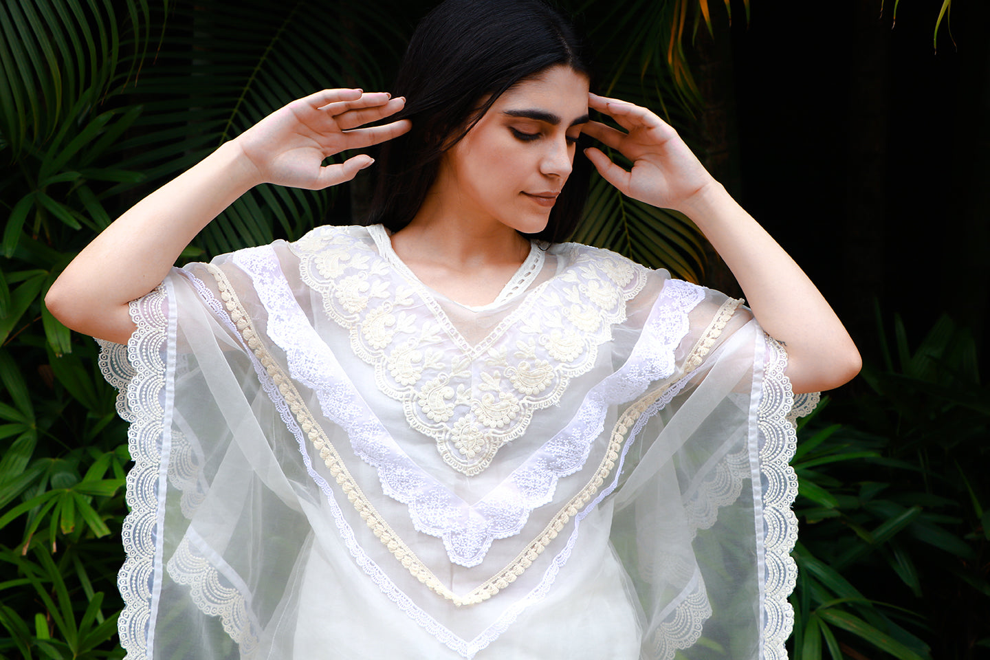 Off white organza kaftan tunic with lace & chanderi pants.