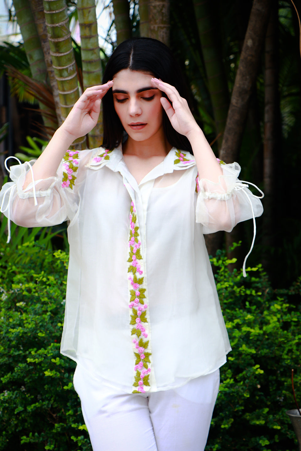 Off white organza hand embroidered shirt