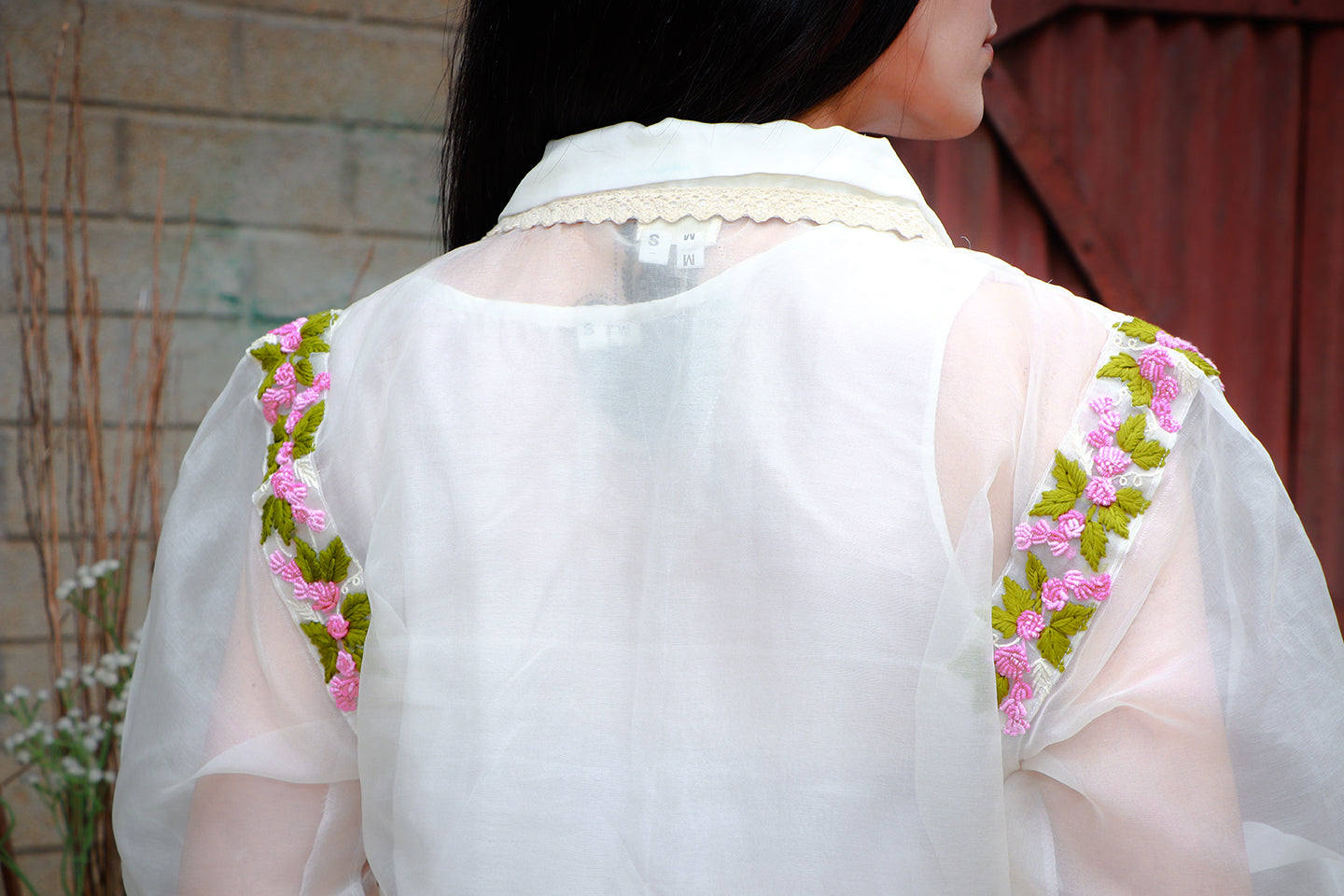 Off white organza hand embroidered shirt