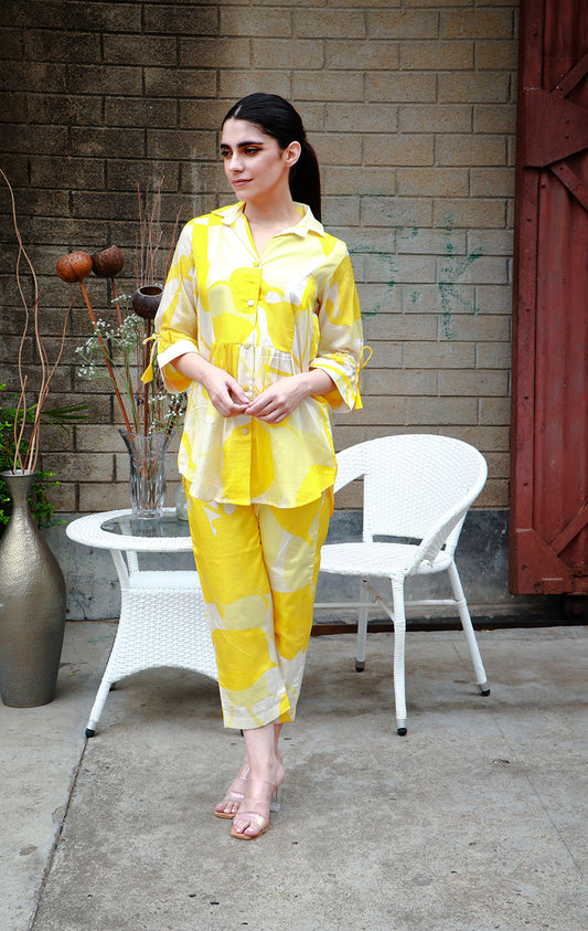 Sunshine yellow abstract print silk coord set.