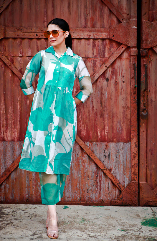 Aqua green digitally printed chanderi & organza coord set