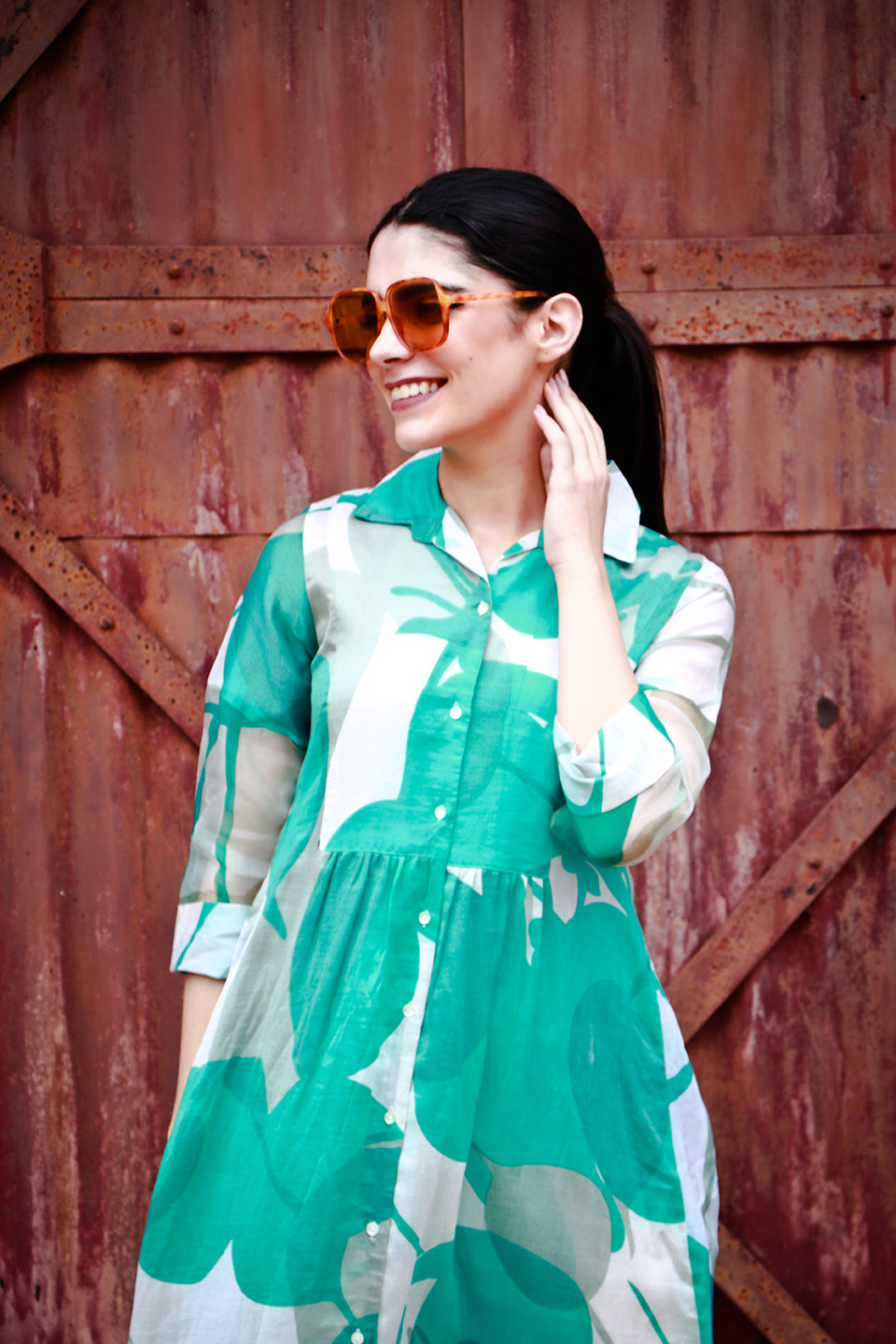 Aqua green digitally printed chanderi & organza coord set