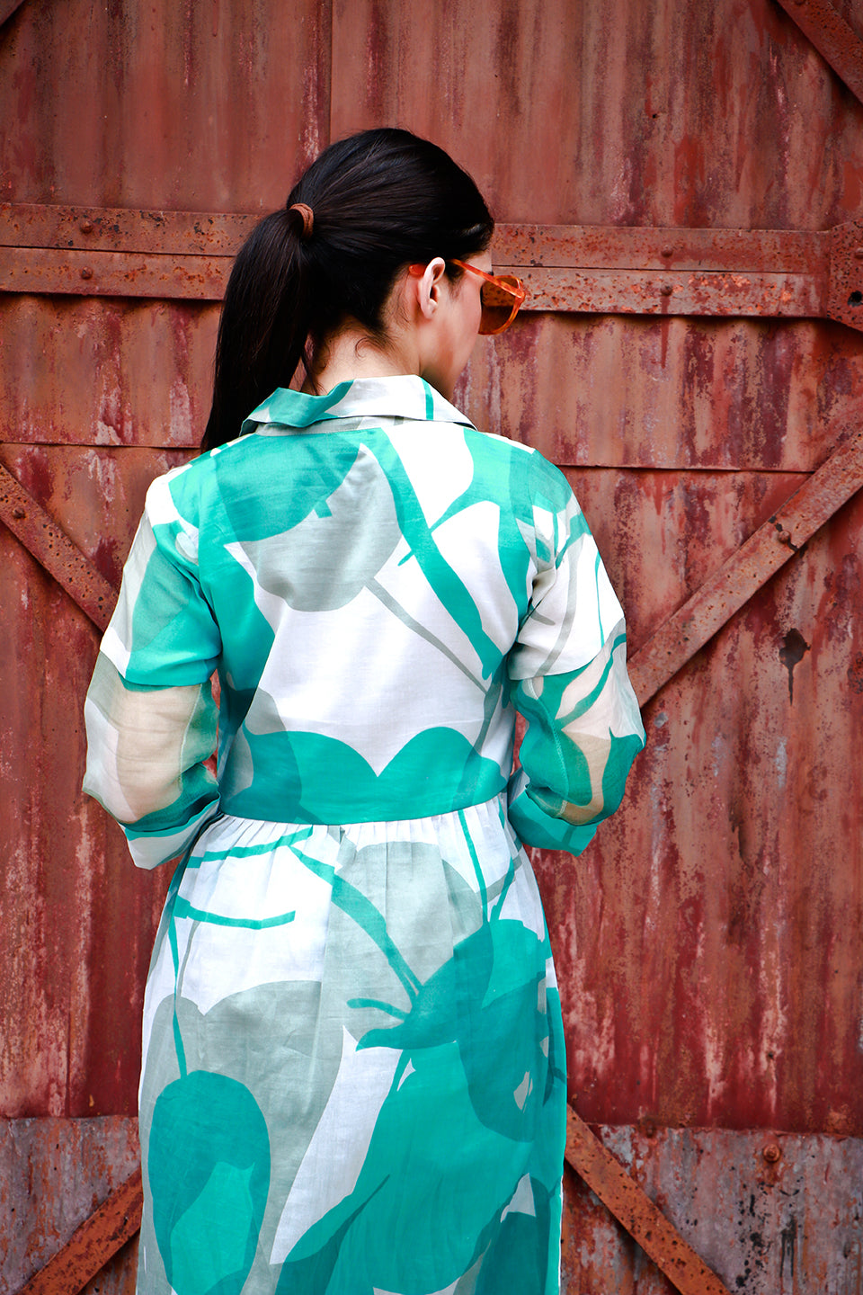 Aqua green digitally printed chanderi & organza coord set