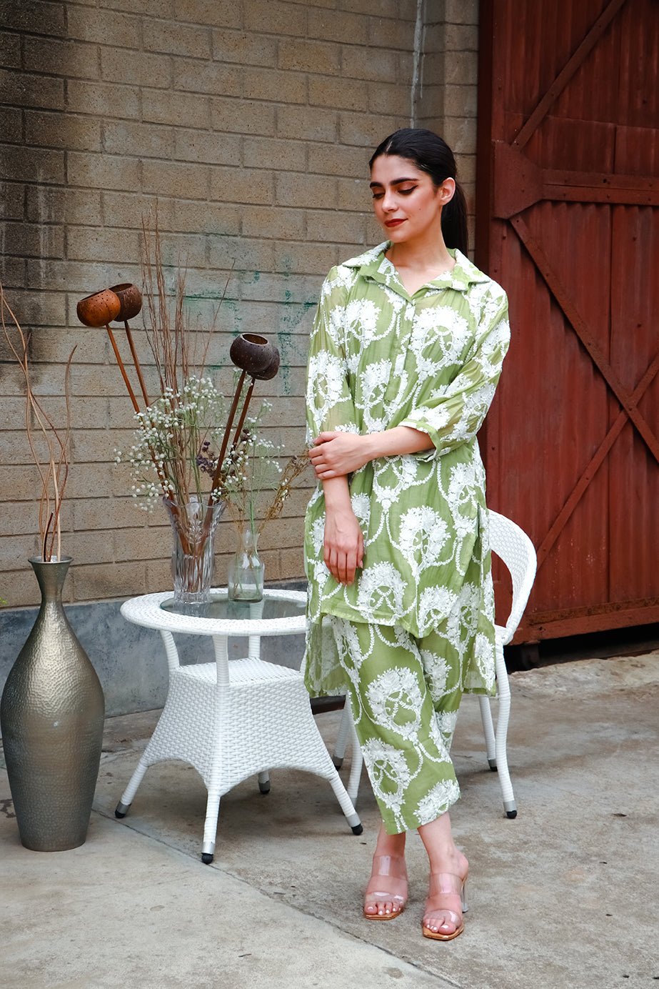 Olive green chanderi coord set