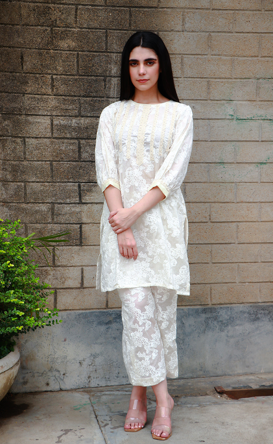 Off white chanderi & lace coord set