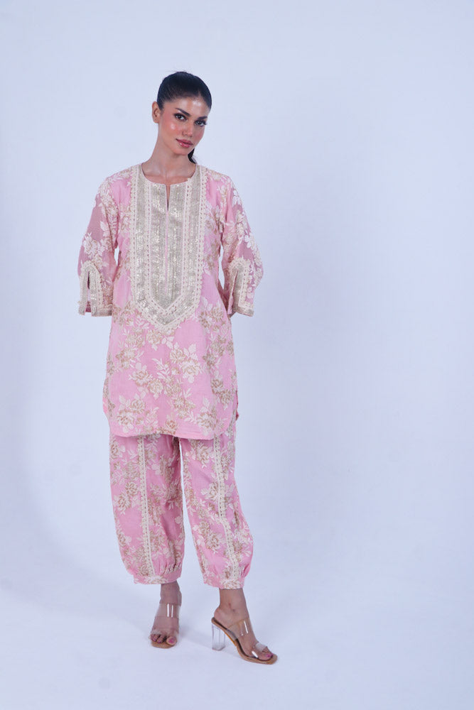 Pink chanderi kurta & afghani pant set