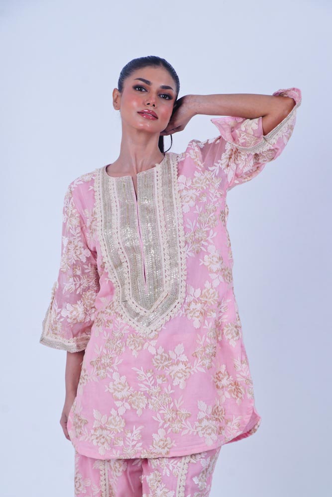 Pink chanderi kurta & afghani pant set