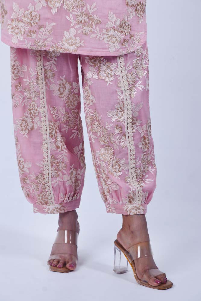 Pink chanderi kurta & afghani pant set