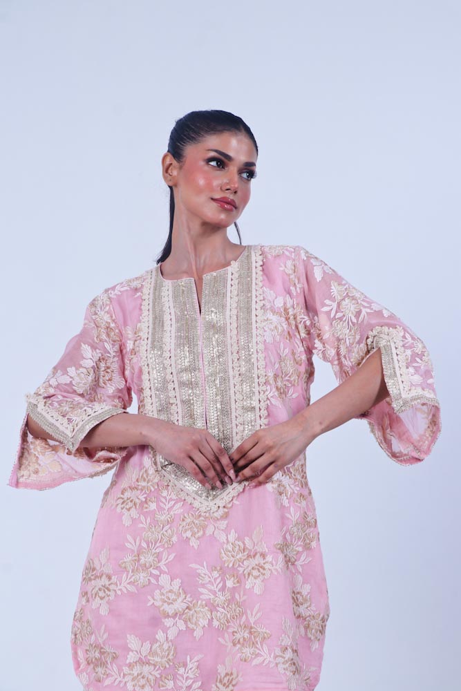Pink chanderi kurta & afghani pant set