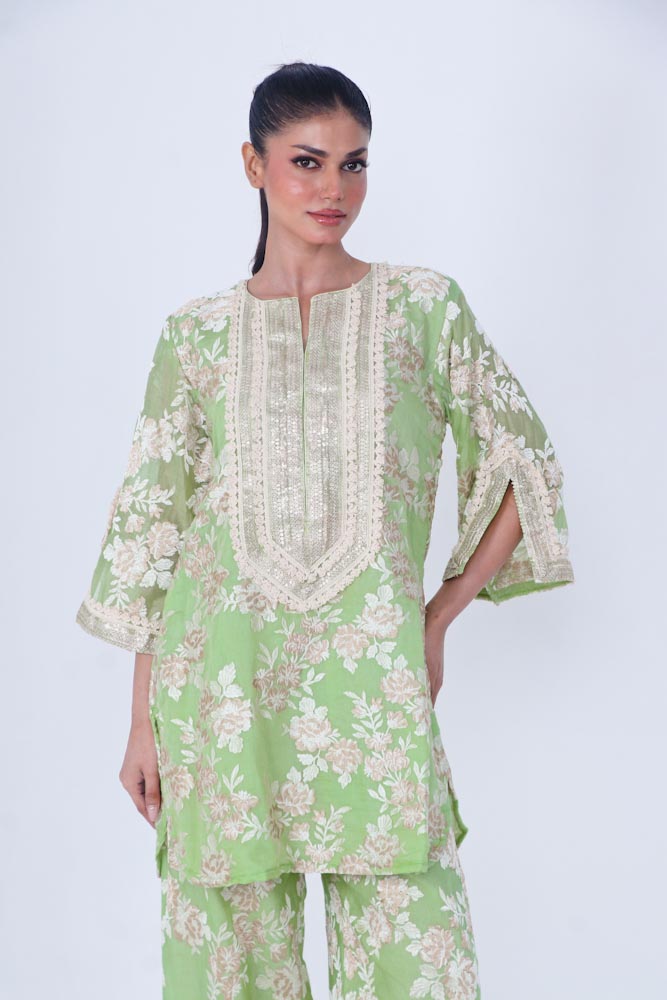 Light green chanderi embroidered kurta & afghani pant set