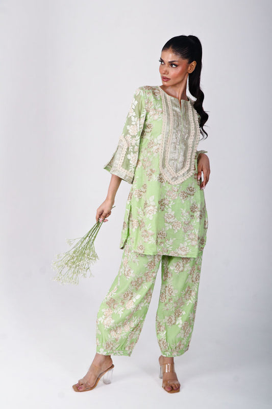 Light green chanderi embroidered kurta & afghani pant set