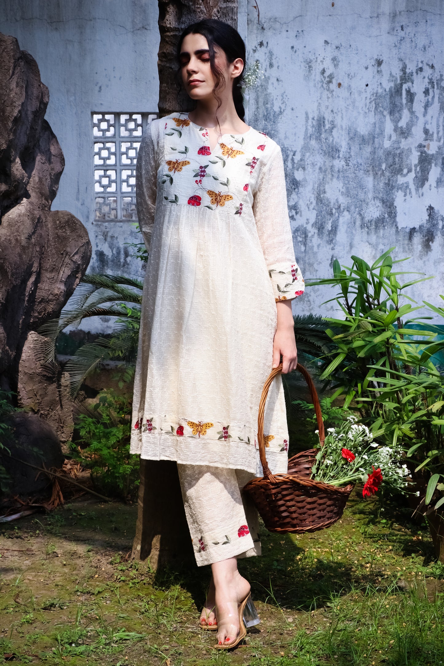 Off white kurta with embroidered yoke and pants