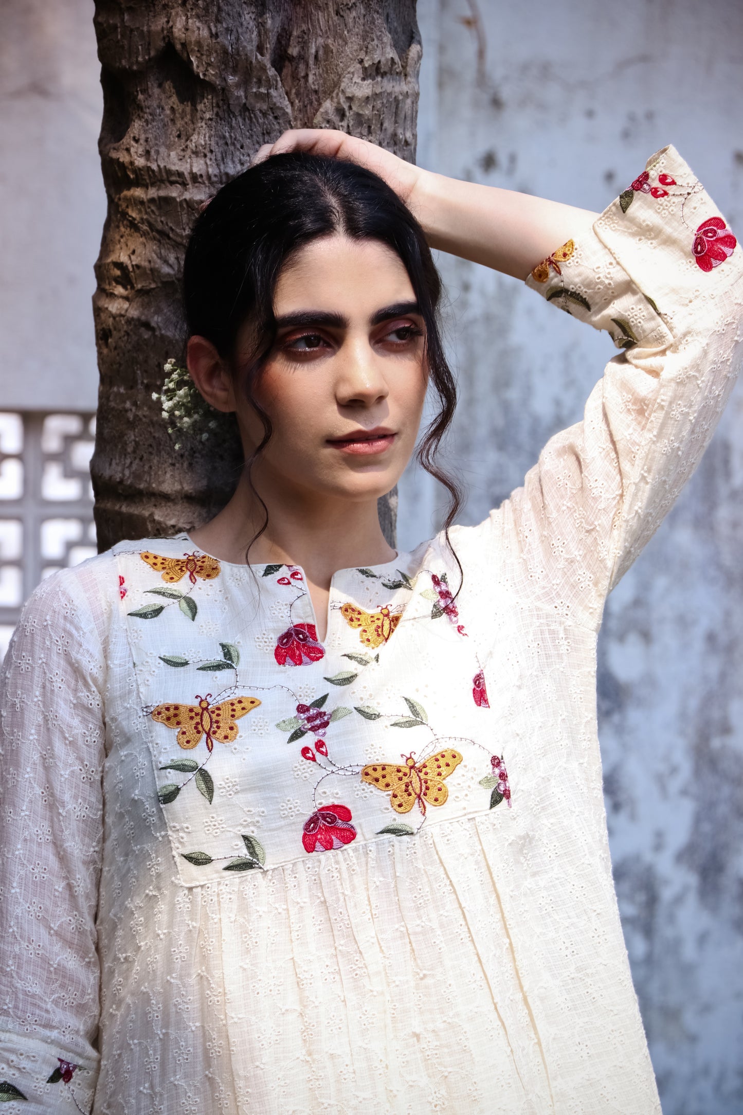 Off white kurta with embroidered yoke and pants