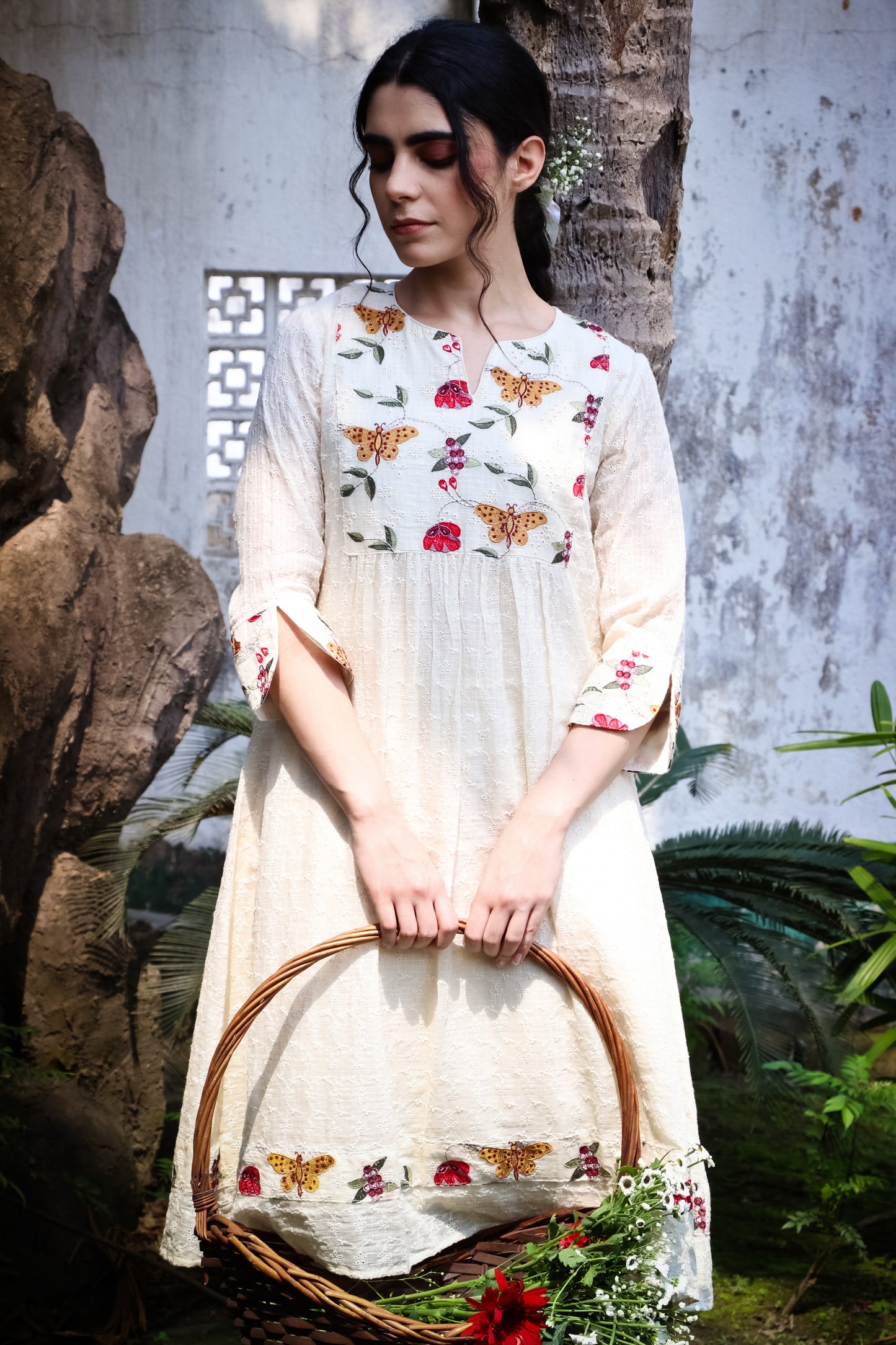 Off white kurta with embroidered yoke and pants