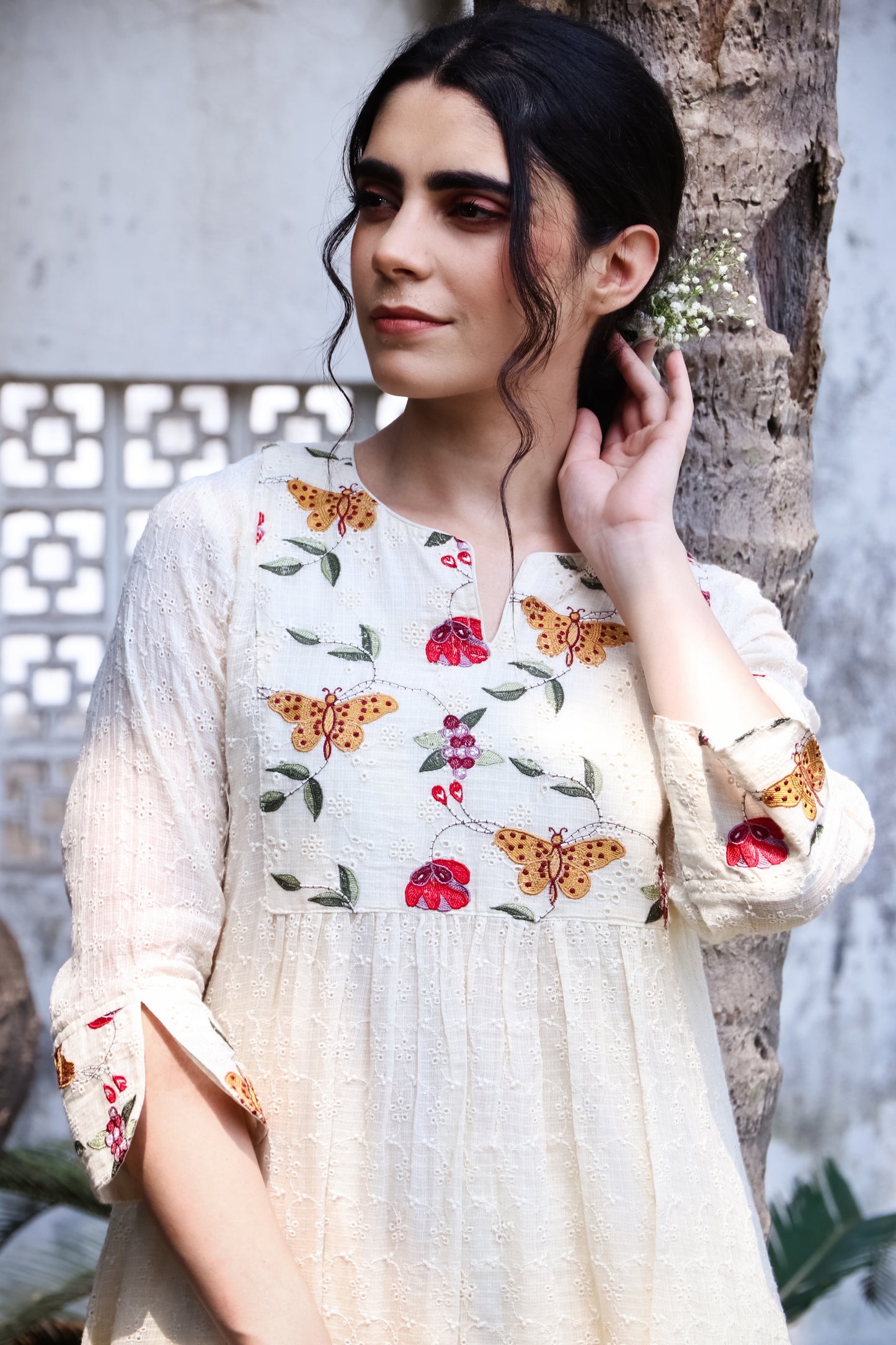 Off white kurta with embroidered yoke and pants