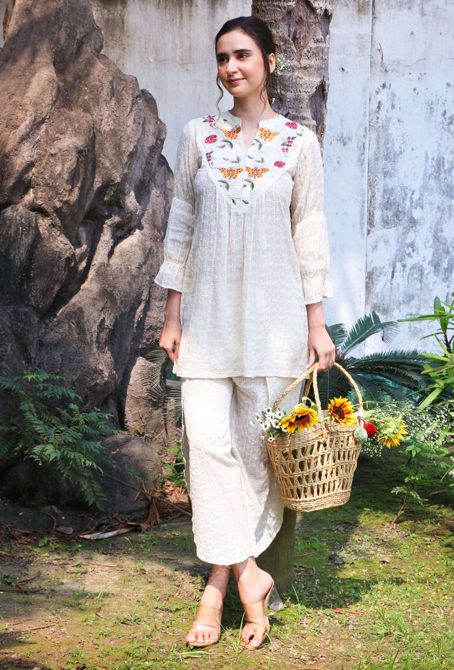 Floral embroidered kurti and dhoti pants set