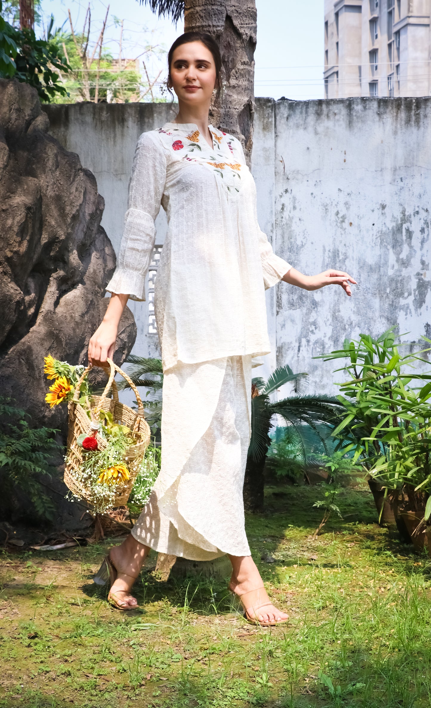 Floral embroidered kurti and dhoti pants set