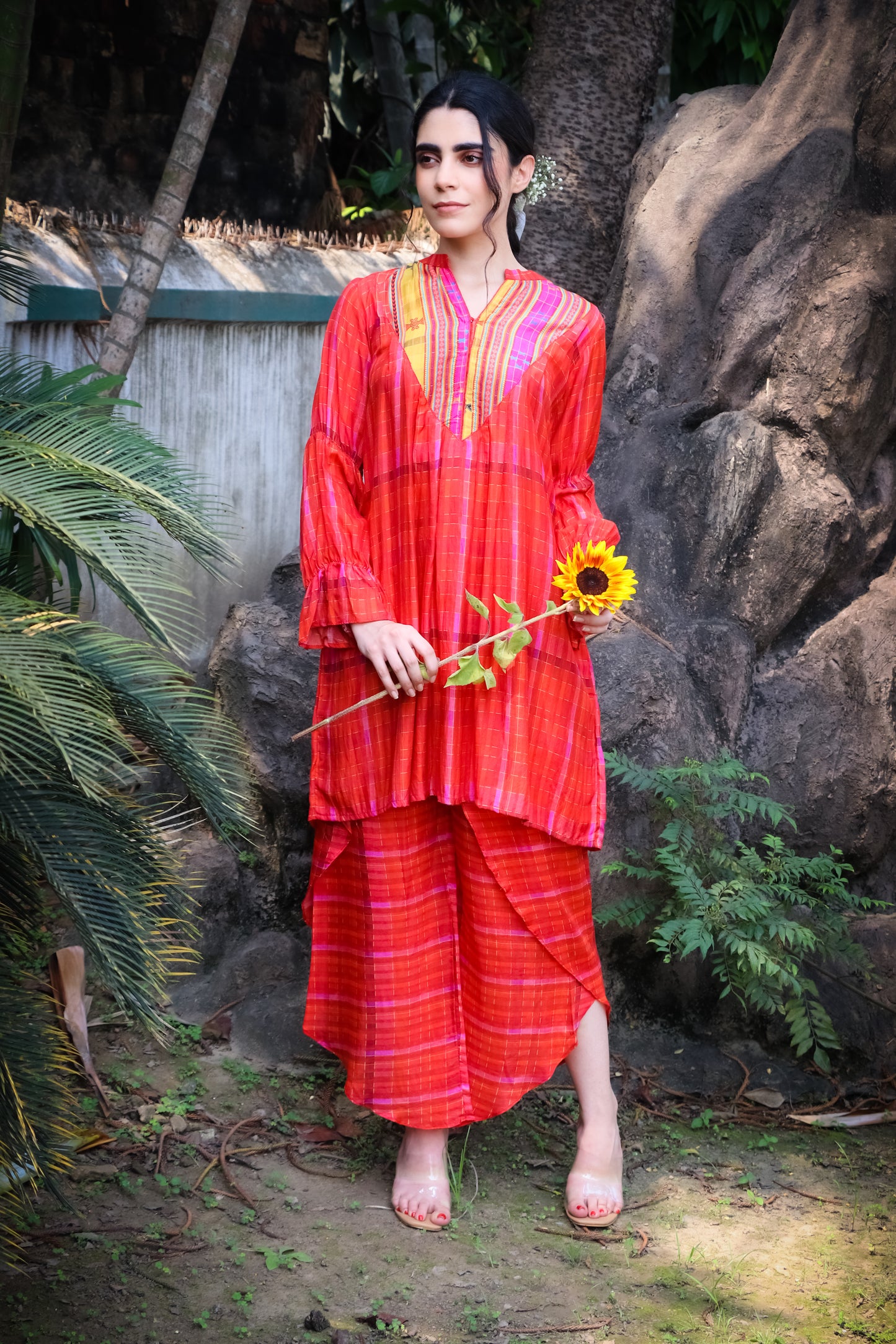 Orange madras self checks muslin kurti with printed yoke and dhoti pants