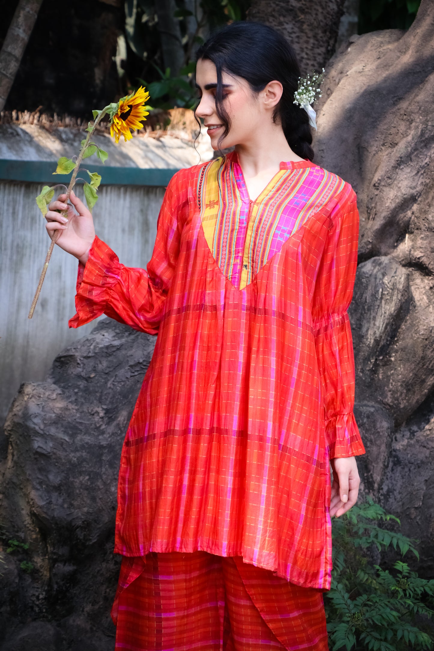 Orange madras self checks muslin kurti with printed yoke and dhoti pants