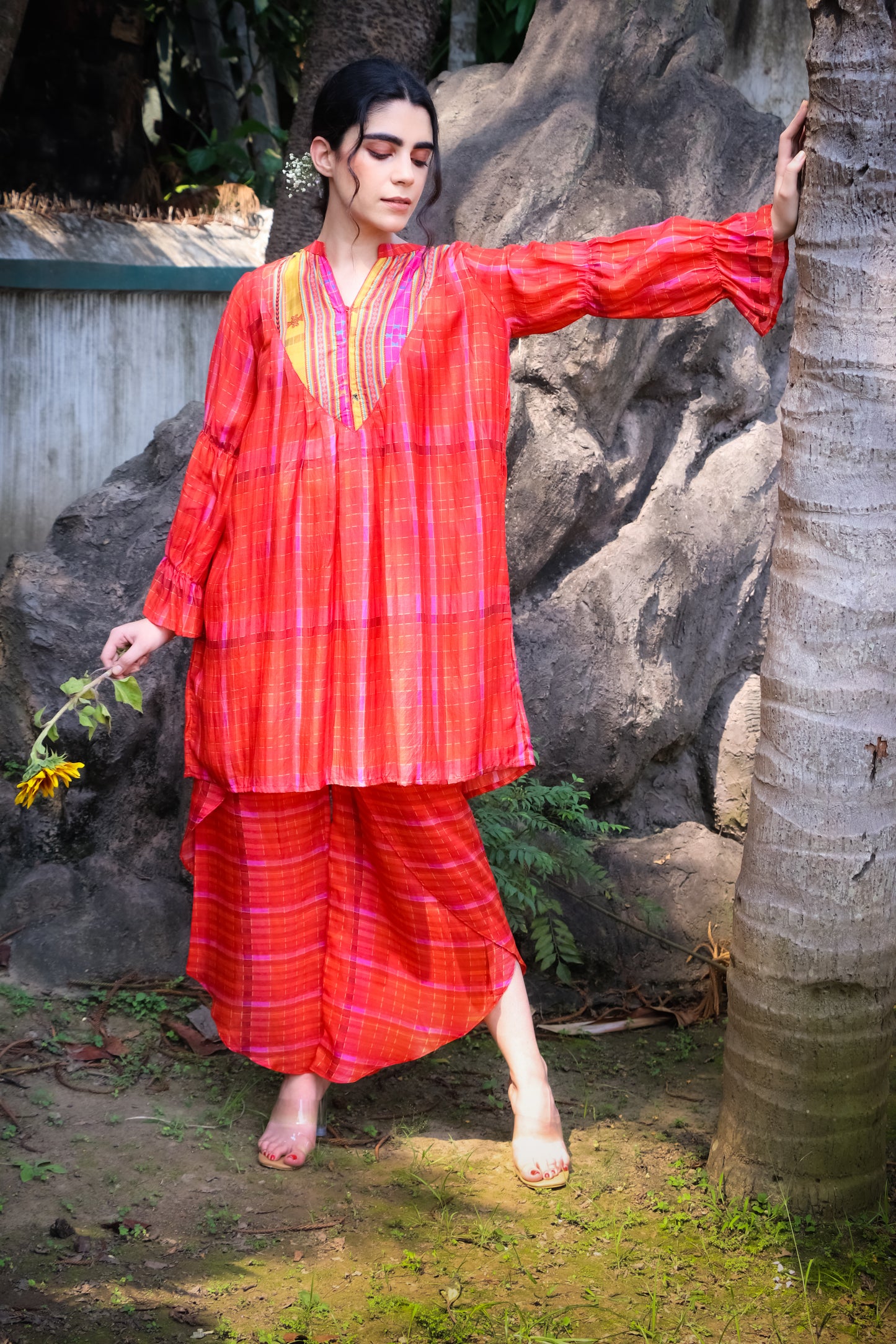 Orange madras self checks muslin kurti with printed yoke and dhoti pants