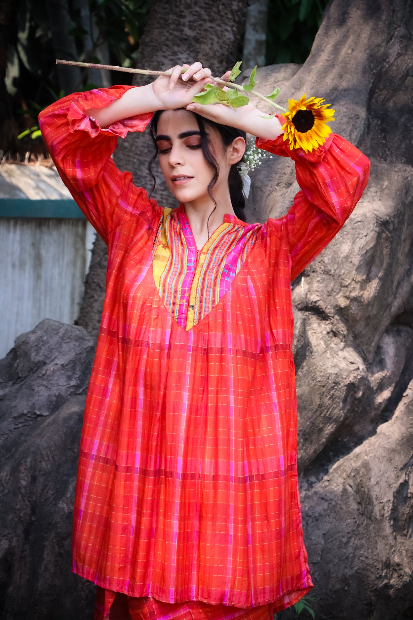 Orange madras self checks muslin kurti with printed yoke and dhoti pants