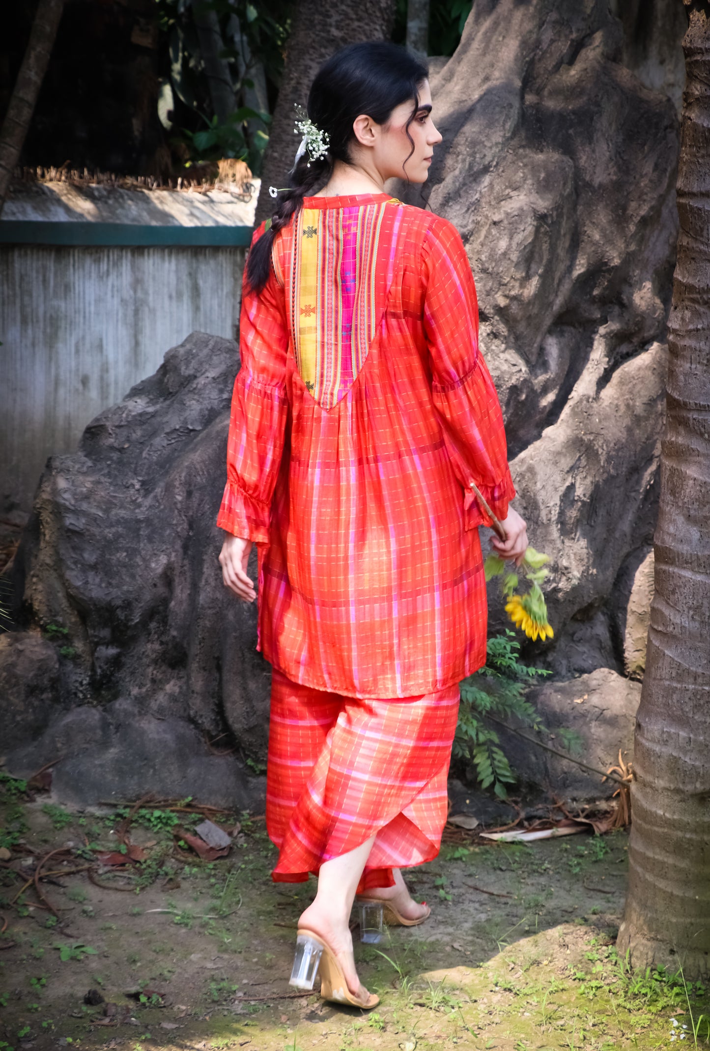 Orange madras self checks muslin kurti with printed yoke and dhoti pants