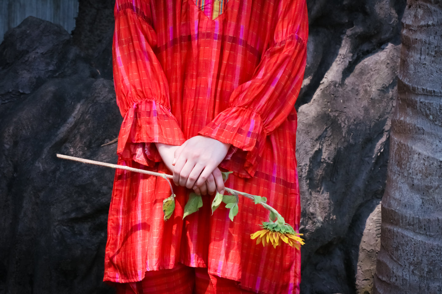 Orange madras self checks muslin kurti with printed yoke and dhoti pants