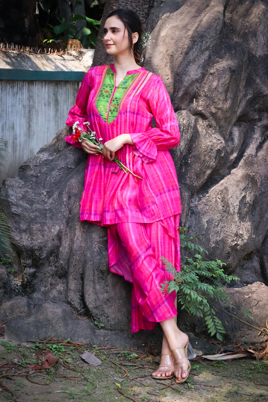 Pink madras self checks muslin kurti with printed yoke and dhoti pants