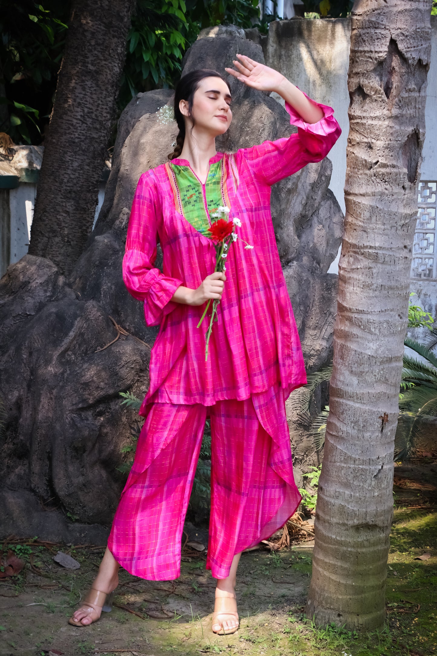 Pink madras self checks muslin kurti with printed yoke and dhoti pants