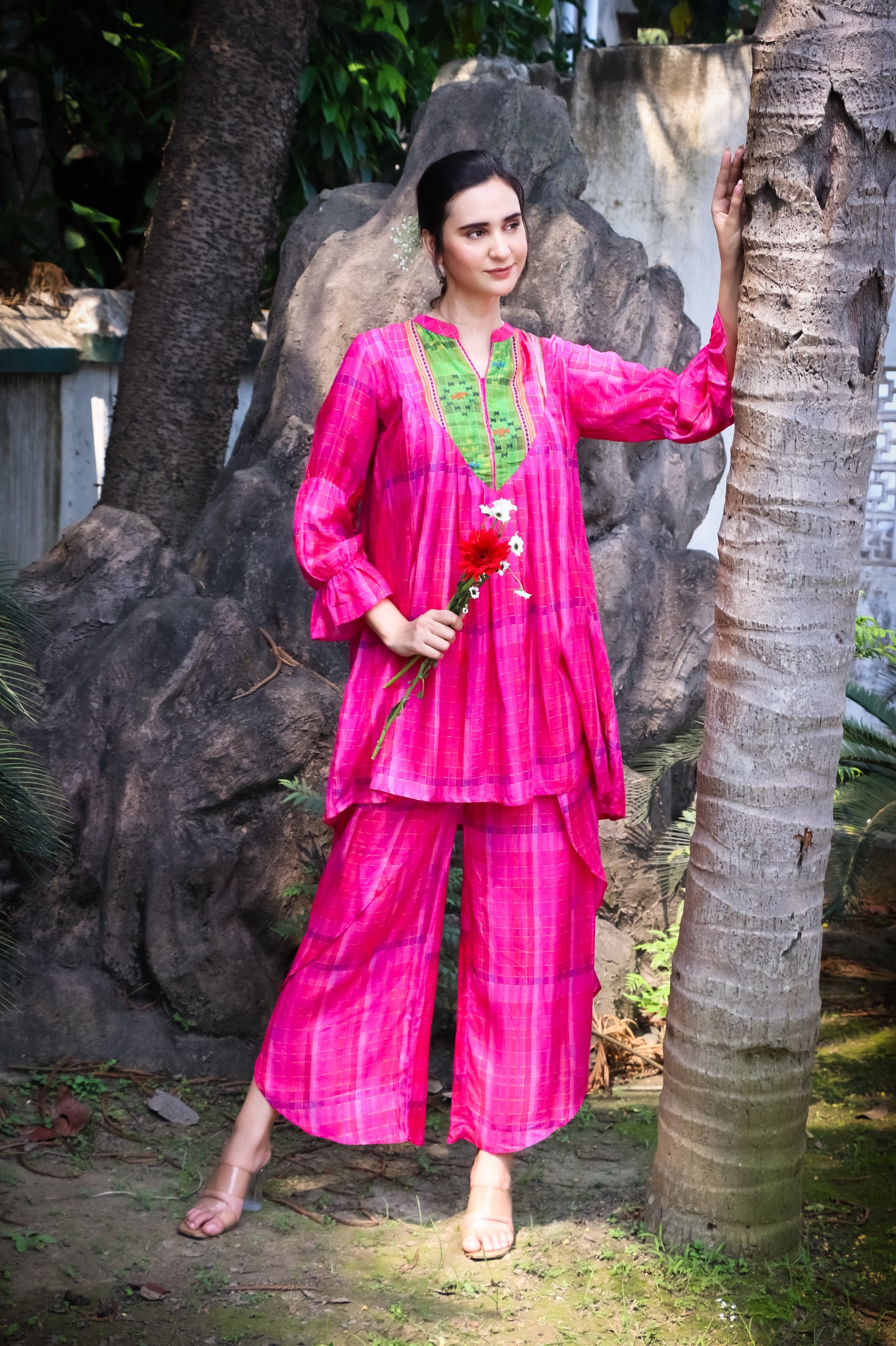 Pink madras self checks muslin kurti with printed yoke and dhoti pants