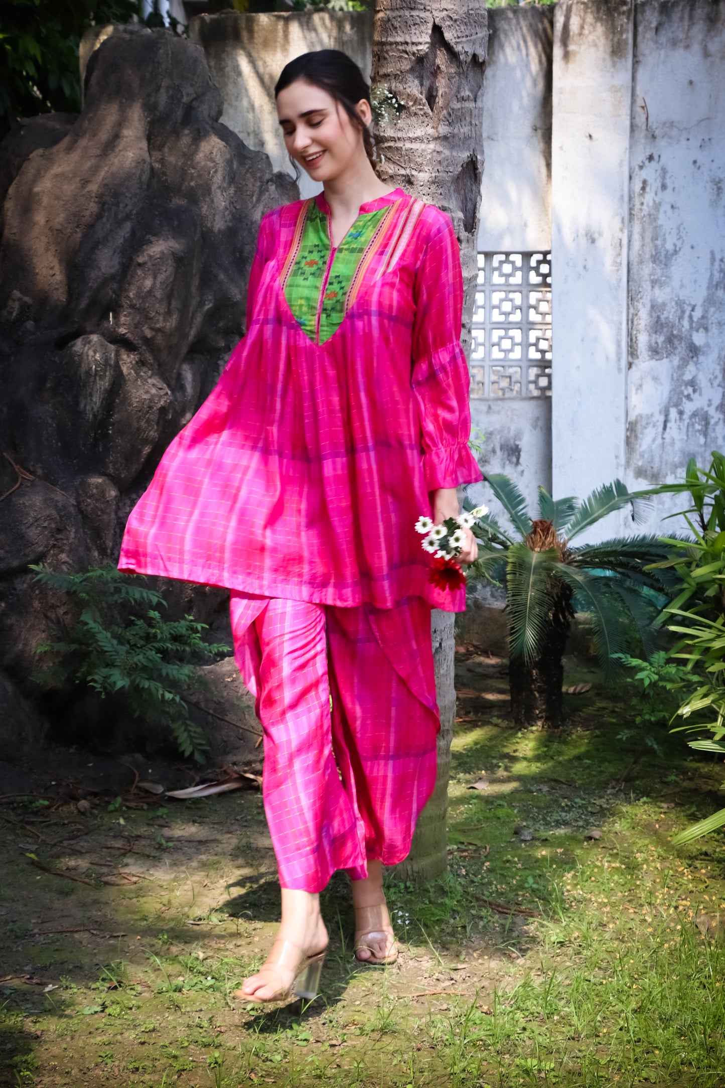 Pink madras self checks muslin kurti with printed yoke and dhoti pants