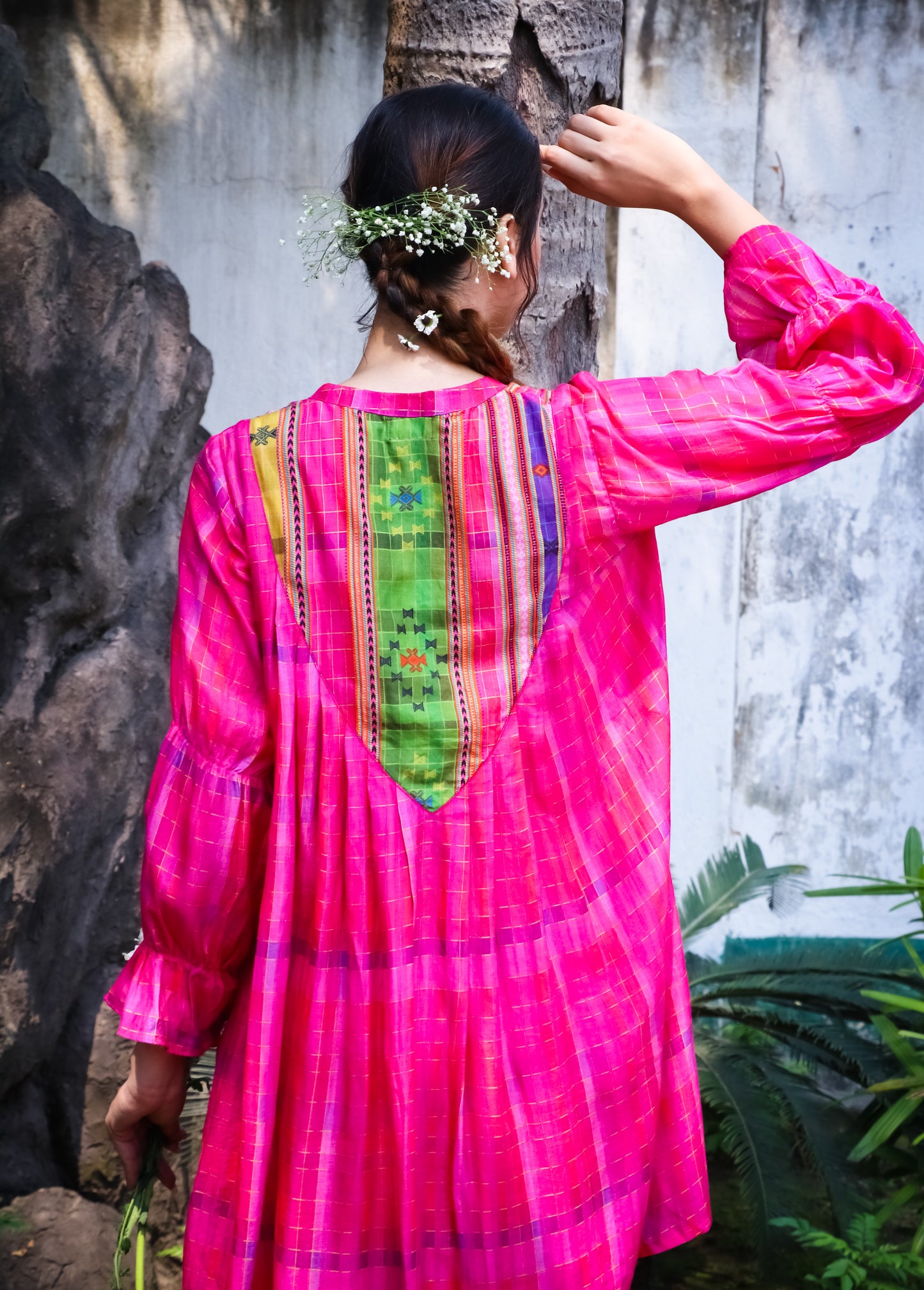 Pink madras self checks muslin kurti with printed yoke and dhoti pants