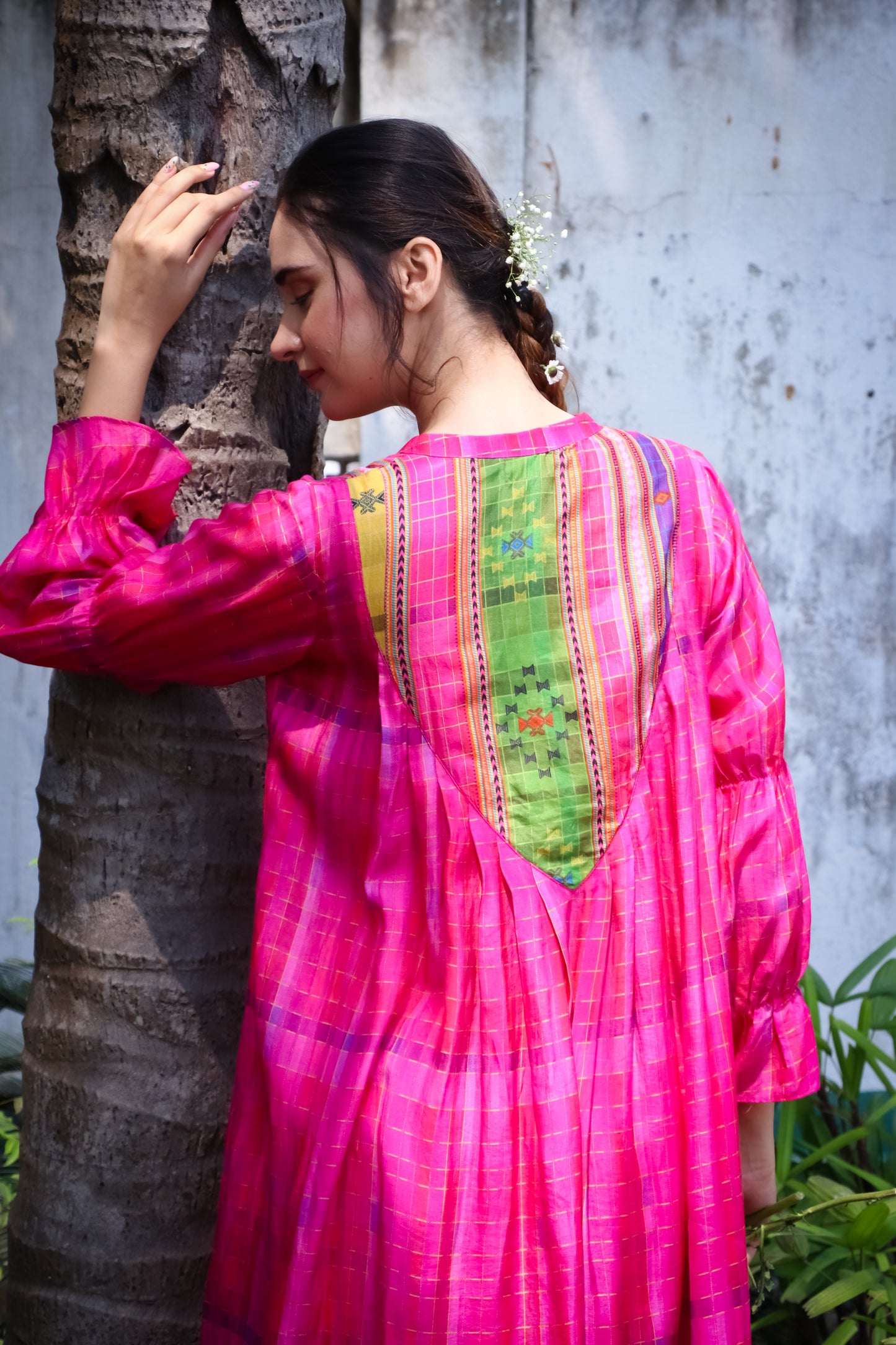 Pink madras self checks muslin kurti with printed yoke and dhoti pants